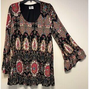 Show Me Your Mumu Margot Black Pattern Bell Sleeve Boho Mini Dress With Ruffle L